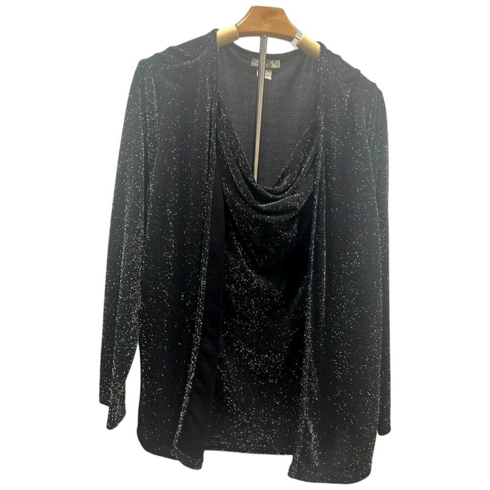 Notations Black Silver Sparkle Shimmer Cowl Neck Top Size 1X Evening Party